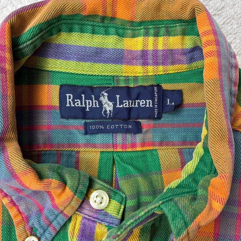 Ralph Lauren Mens L Green Plaid Button Down Shirt Long Sleeve 90s Preppy Madras
